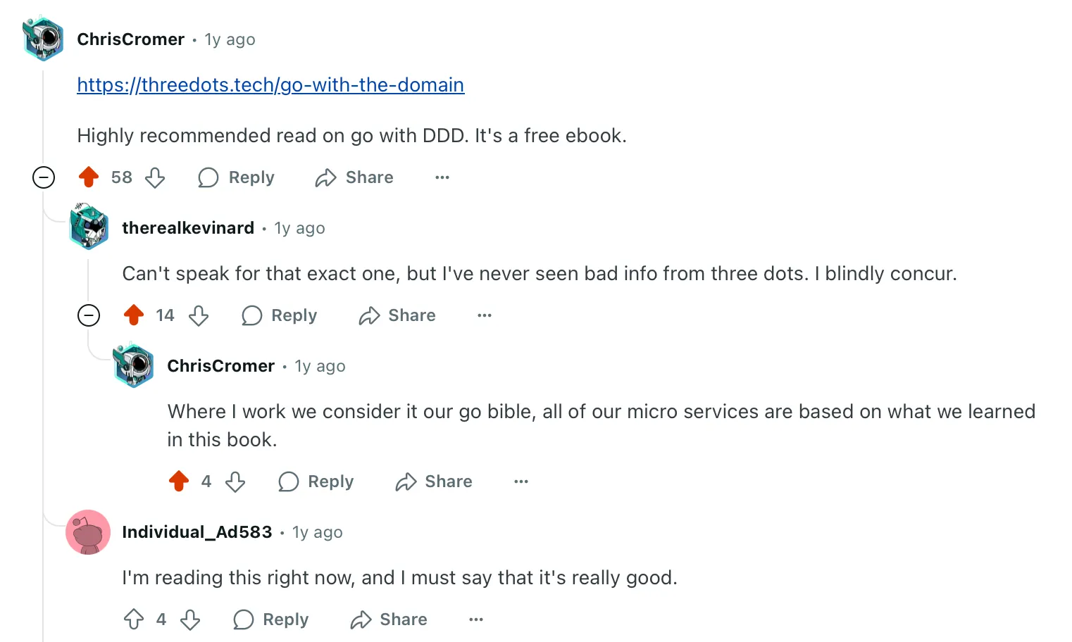 Reddit comment praising Three Dots blog articles