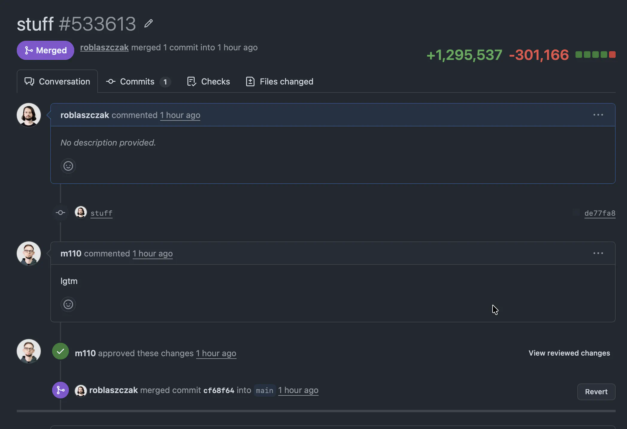 A merged GitHub pull request titled 'stuff', +1,295,537 and -301,166 lines, no description, approved with a single comment: lgtm.